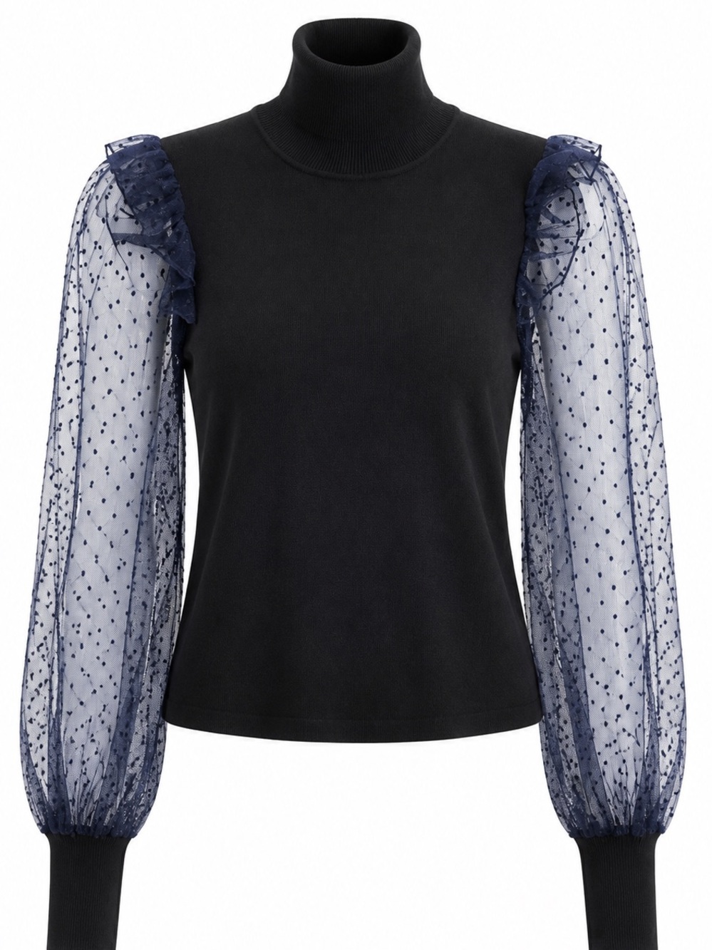 Navy Turtleneck Top with Navy Sheer Puff Sleeves